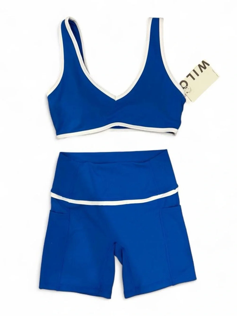 NWT WILO The Label Active Set Sports Bra Biker Shorts Cobalt Blue White, SZ S